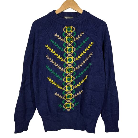 Vintage 80s Ashley Mom Sweater Crewneck Long Sleeve Navy Gold - L - Picture 1 of 5